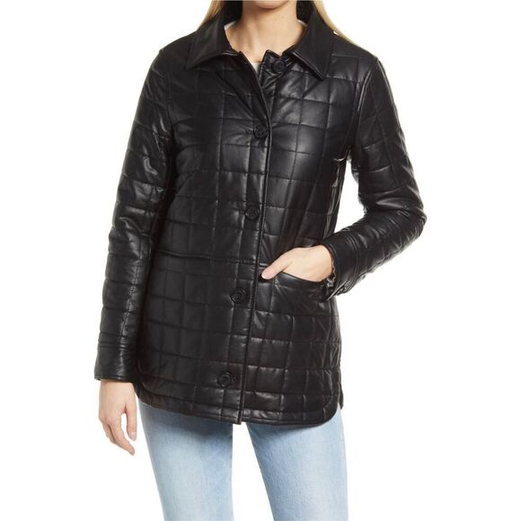 Sam Edelman Quilted PU Jacket black faux leather size Large - Picture 1 of 10